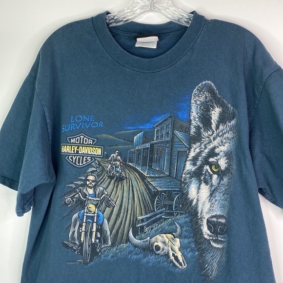 Vintage Harley Davidson Al Muth Lone Survivor Blue Wool Tshirt 1996 Size Large - Picture 2 of 11